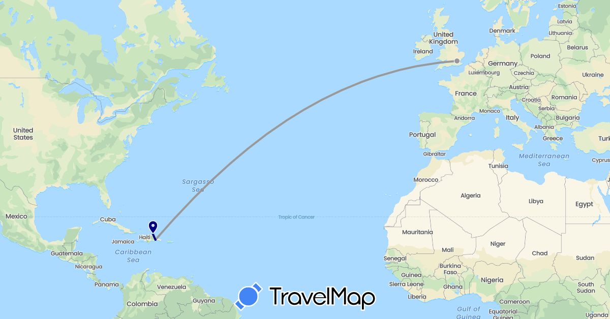 TravelMap itinerary: driving, plane in Dominican Republic, United Kingdom (Europe, North America)